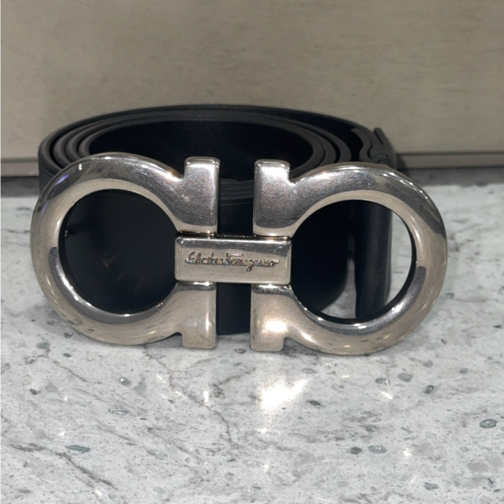 Salvatore Ferragamo Black Belt with Silver Buckle Size 42 AUTHENTIC